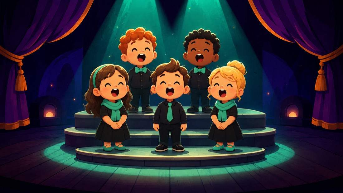 Cartoon singers on choir risers under a green stage light