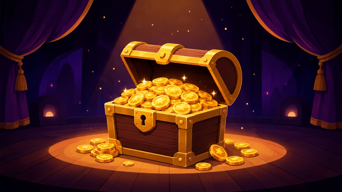 Open treasure chest of gold on a lit stage